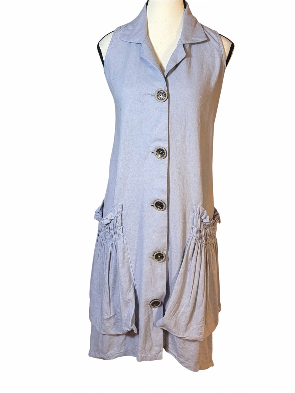 For Cynthia Linen Blend Mini Dress Oversized Pockets Button Front Lagenlook XS